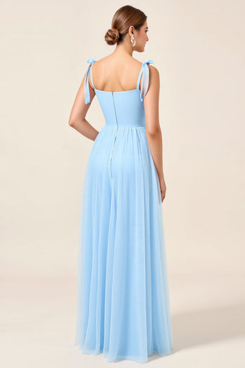 Sky Blue A Line Maxi Spaghetti Straps Bridesmaid Dress with Slit