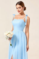 Load image into Gallery viewer, Sky Blue A Line Maxi Spaghetti Straps Bridesmaid Dress with Slit