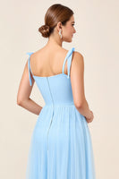 Load image into Gallery viewer, Sky Blue A Line Maxi Spaghetti Straps Bridesmaid Dress with Slit