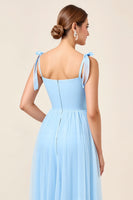 Load image into Gallery viewer, Sky Blue A Line Maxi Spaghetti Straps Bridesmaid Dress with Slit