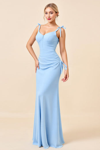 Sky Blue Mermaid Spaghetti Straps Maxi Bridesmaid Dress with Slit