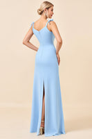 Load image into Gallery viewer, Sky Blue Mermaid Spaghetti Straps Maxi Bridesmaid Dress with Slit