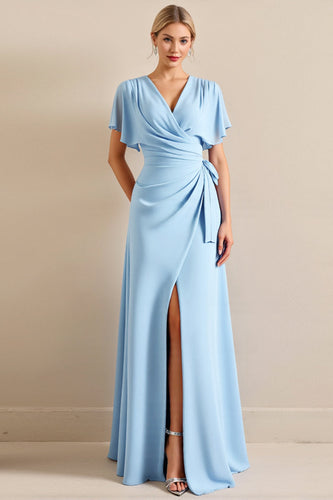 Sky Blue Sheath V Neck Maxi Bridesmaid Dress with Ruffles