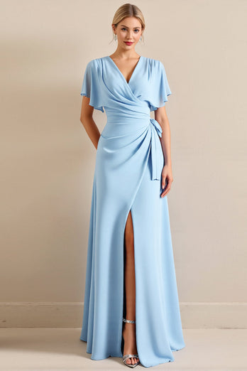 Sky Blue Sheath V Neck Maxi Bridesmaid Dress with Ruffles