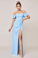 Load image into Gallery viewer, Sky Blue Off the Shoulder Maxi Sheath Bridesmaid Dress with Slit