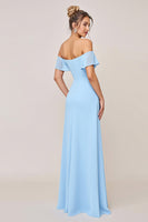 Load image into Gallery viewer, Sky Blue Off the Shoulder Maxi Sheath Bridesmaid Dress with Slit