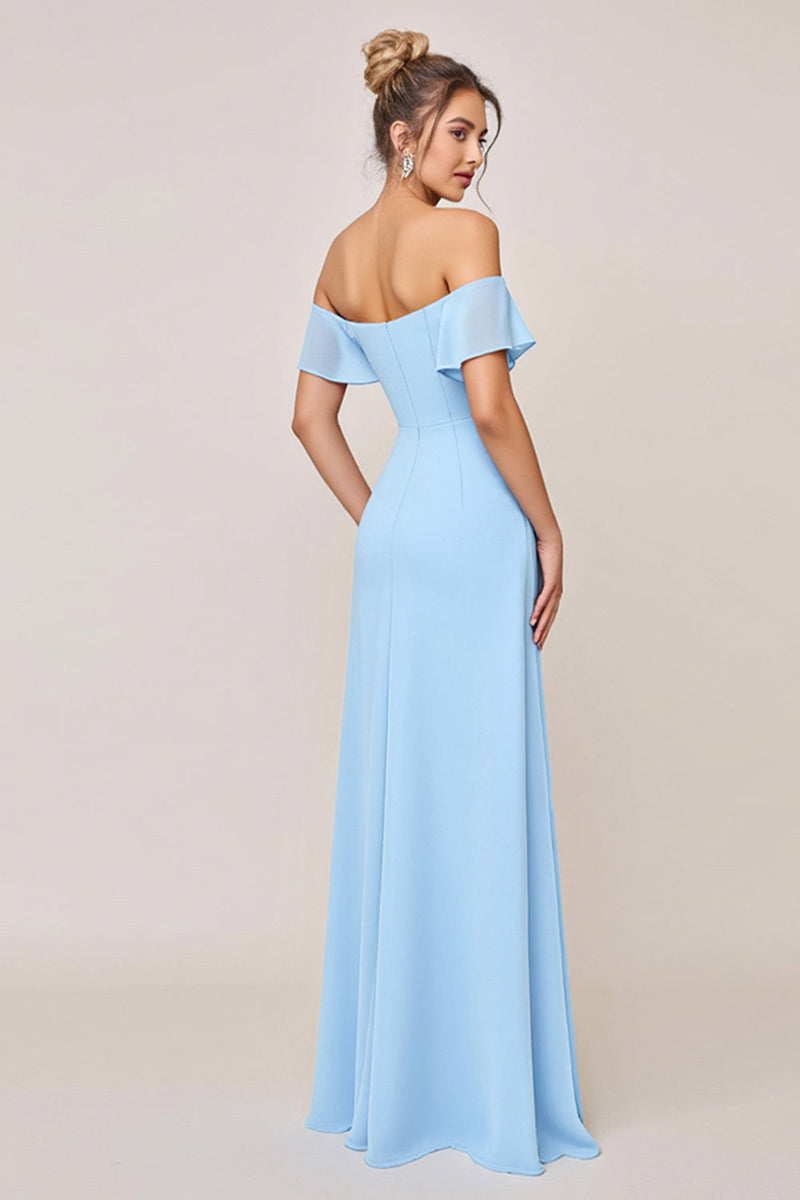 Load image into Gallery viewer, Sky Blue Off the Shoulder Maxi Sheath Bridesmaid Dress with Slit