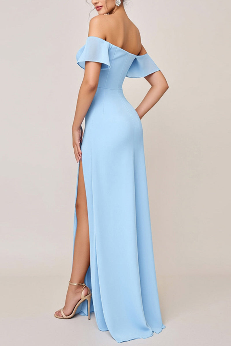 Load image into Gallery viewer, Sky Blue Off the Shoulder Maxi Sheath Bridesmaid Dress with Slit