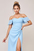 Load image into Gallery viewer, Sky Blue Off the Shoulder Maxi Sheath Bridesmaid Dress with Slit