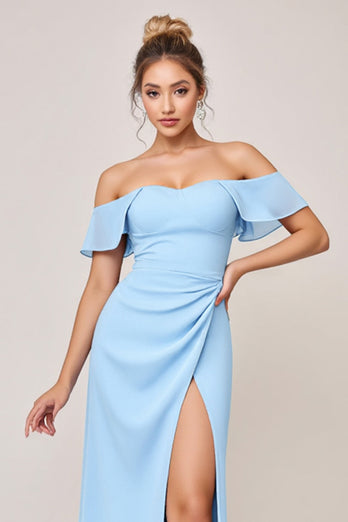 Sky Blue Off the Shoulder Maxi Sheath Bridesmaid Dress with Slit