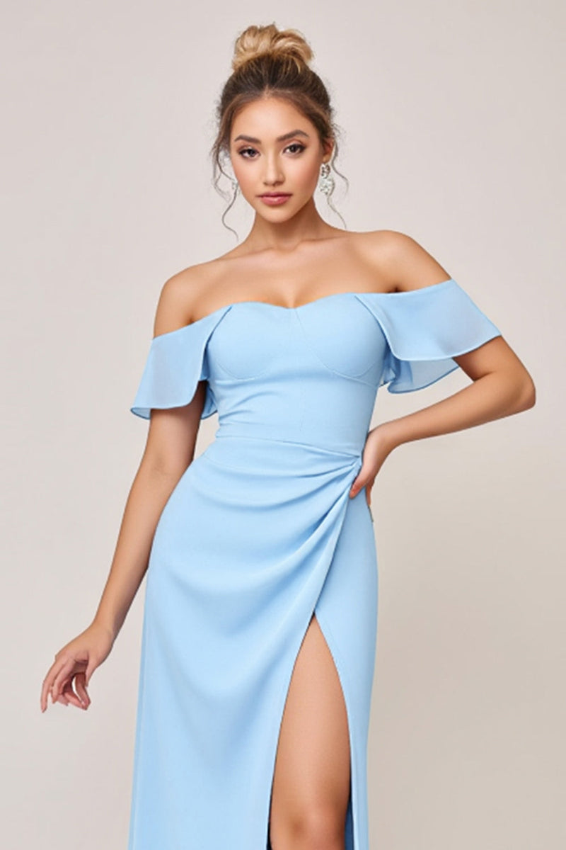 Load image into Gallery viewer, Sky Blue Off the Shoulder Maxi Sheath Bridesmaid Dress with Slit