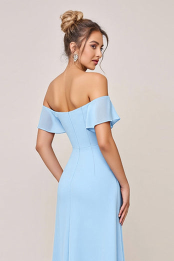 Sky Blue Off the Shoulder Maxi Sheath Bridesmaid Dress with Slit