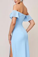 Load image into Gallery viewer, Sky Blue Off the Shoulder Maxi Sheath Bridesmaid Dress with Slit