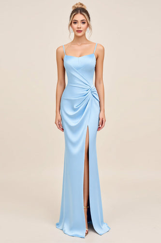 Sky Blue Satin Spaghetti Straps Maxi Mermaid Bridesmaid Dress with Slit