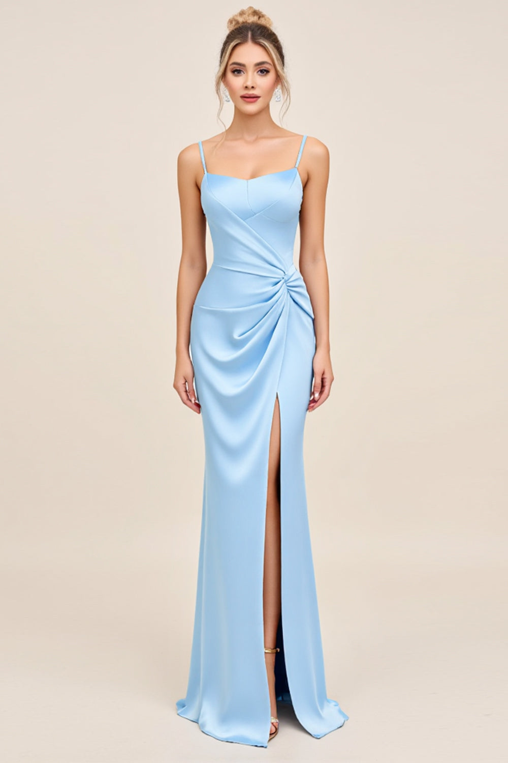 Sky Blue Satin Spaghetti Straps Maxi Mermaid Bridesmaid Dress with Slit