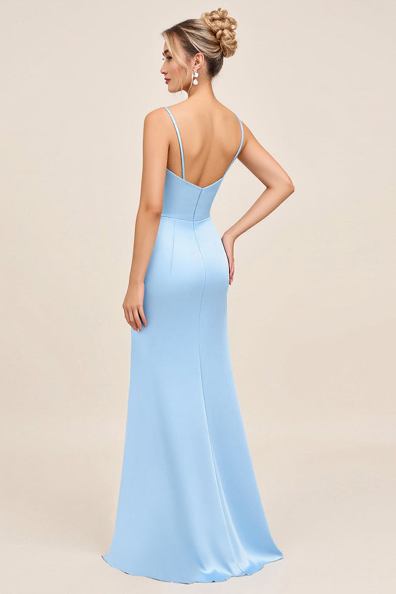Load image into Gallery viewer, Sky Blue Satin Spaghetti Straps Maxi Mermaid Bridesmaid Dress with Slit
