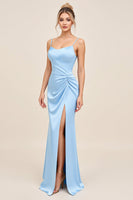 Load image into Gallery viewer, Sky Blue Satin Spaghetti Straps Maxi Mermaid Bridesmaid Dress with Slit