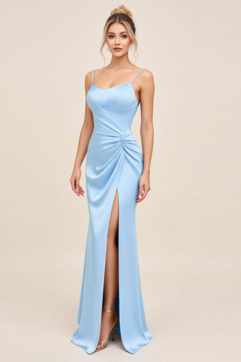 Sky Blue Satin Spaghetti Straps Maxi Mermaid Bridesmaid Dress with Slit