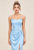 Load image into Gallery viewer, Sky Blue Satin Spaghetti Straps Maxi Mermaid Bridesmaid Dress with Slit