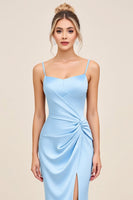 Load image into Gallery viewer, Sky Blue Satin Spaghetti Straps Maxi Mermaid Bridesmaid Dress with Slit
