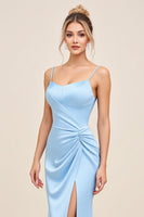 Load image into Gallery viewer, Sky Blue Satin Spaghetti Straps Maxi Mermaid Bridesmaid Dress with Slit