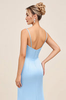 Load image into Gallery viewer, Sky Blue Satin Spaghetti Straps Maxi Mermaid Bridesmaid Dress with Slit