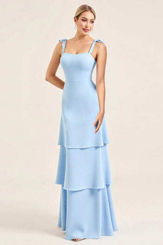 Sky Blue Tiered Spaghetti Straps Maxi Sheath Bridesmaid Dress with Slit
