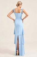 Load image into Gallery viewer, Sky Blue Tiered Spaghetti Straps Maxi Sheath Bridesmaid Dress with Slit