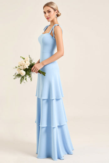 Sky Blue Tiered Spaghetti Straps Maxi Sheath Bridesmaid Dress with Slit