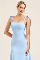 Load image into Gallery viewer, Sky Blue Tiered Spaghetti Straps Maxi Sheath Bridesmaid Dress with Slit
