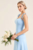 Load image into Gallery viewer, Sky Blue Tiered Spaghetti Straps Maxi Sheath Bridesmaid Dress with Slit
