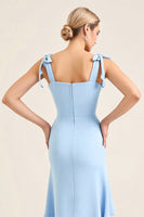 Load image into Gallery viewer, Sky Blue Tiered Spaghetti Straps Maxi Sheath Bridesmaid Dress with Slit