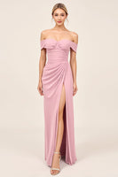 Load image into Gallery viewer, Blush Pink Off the Shoulder Ruched Maxi Sheath Bridesmaid Dress with Slit
