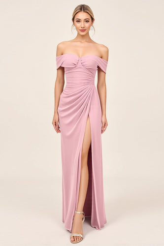 Blush Pink Off the Shoulder Ruched Maxi Sheath Bridesmaid Dress with Slit