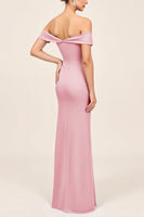 Load image into Gallery viewer, Blush Pink Off the Shoulder Ruched Maxi Sheath Bridesmaid Dress with Slit