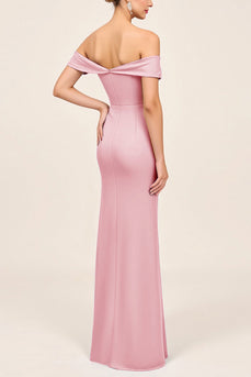 Blush Pink Off the Shoulder Ruched Maxi Sheath Bridesmaid Dress with Slit