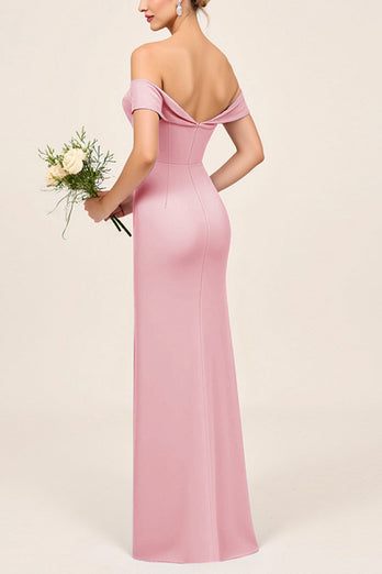 Blush Pink Off the Shoulder Ruched Maxi Sheath Bridesmaid Dress with Slit