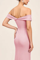Load image into Gallery viewer, Blush Pink Off the Shoulder Ruched Maxi Sheath Bridesmaid Dress with Slit