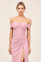 Load image into Gallery viewer, Blush Pink Off the Shoulder Ruched Maxi Sheath Bridesmaid Dress with Slit
