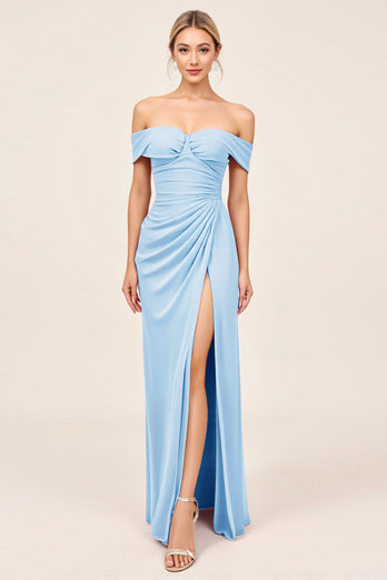 Blush Pink Off the Shoulder Ruched Maxi Sheath Bridesmaid Dress with Slit