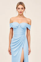 Load image into Gallery viewer, Blush Pink Off the Shoulder Ruched Maxi Sheath Bridesmaid Dress with Slit