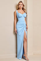 Load image into Gallery viewer, Sky Blue Ruched Maxi Mermaid Bridesmaid Dress with Slit