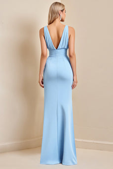 Sky Blue Ruched Maxi Mermaid Bridesmaid Dress with Slit