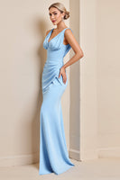 Load image into Gallery viewer, Sky Blue Ruched Maxi Mermaid Bridesmaid Dress with Slit