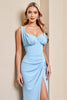 Load image into Gallery viewer, Sky Blue Ruched Maxi Mermaid Bridesmaid Dress with Slit