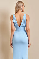 Load image into Gallery viewer, Sky Blue Ruched Maxi Mermaid Bridesmaid Dress with Slit