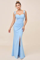 Load image into Gallery viewer, Sky Blue Spaghetti Straps Maxi Mermaid Bridesmaid Dress with Slit