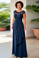 Load image into Gallery viewer, Navy Sheath Ruched Long Mother of the Bride Dress with Lace
