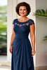 Load image into Gallery viewer, Navy Sheath Ruched Long Mother of the Bride Dress with Lace