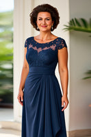 Load image into Gallery viewer, Navy Sheath Ruched Long Mother of the Bride Dress with Lace